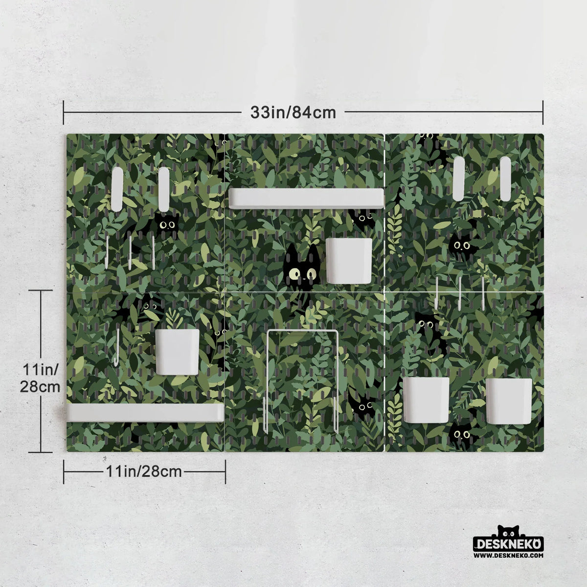 Botanical Cat Desk Pegboard Organizer, Forest Green Workspace Storage - Deskneko