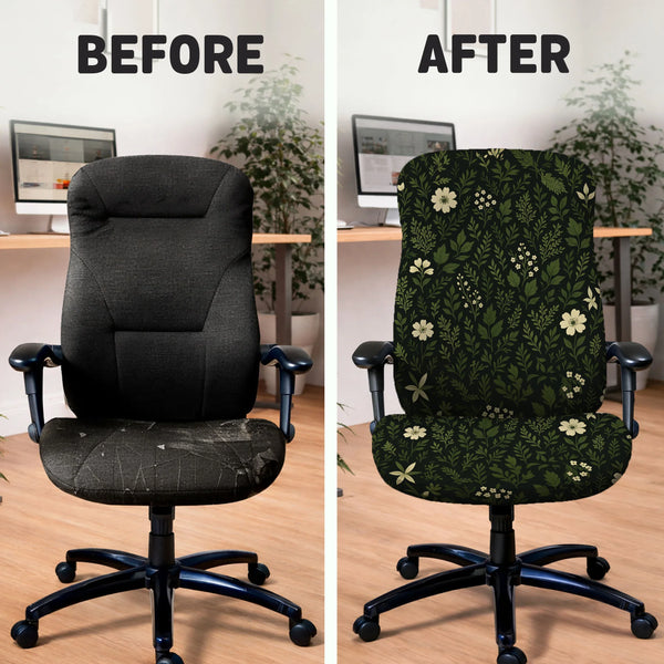 Botanical Office Chair Cover with Dark Green Floral Pattern - Deskneko