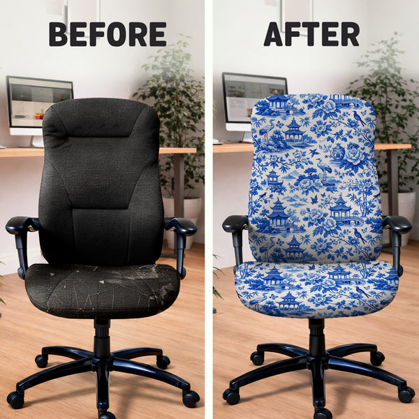 Blue Chinoiserie Desk Chair Cover - Chair Covers - Deskneko - Desk Chair Covers