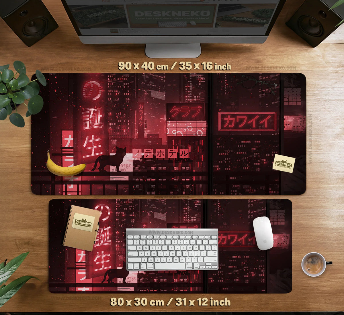 Red Cyberpunk Tokyo Cat Desk Mat - Deskneko