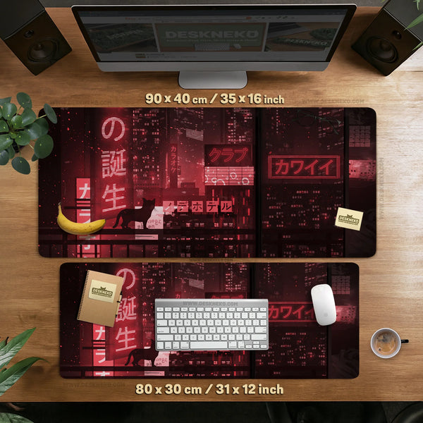 Red Cyberpunk Tokyo Cat Desk Mat - Deskneko