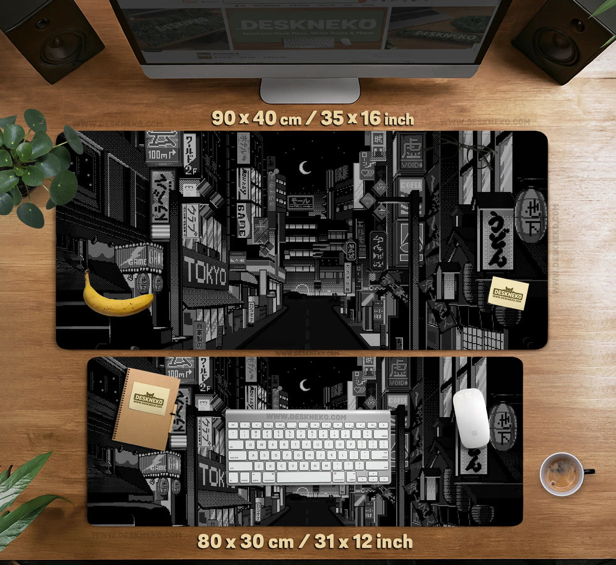 Black White Tokyo Night Desk Mat, Cyberpunk Japanese Street Mousepad - Deskneko