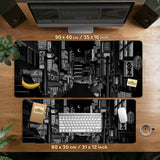 Black White Tokyo Night Desk Mat, Cyberpunk Japanese Street Mousepad - Deskneko