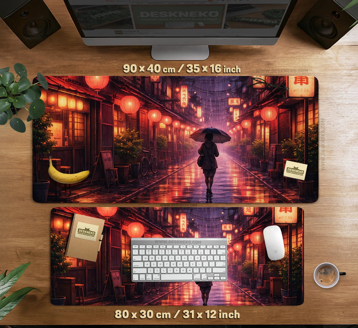 Lofi Anime Desk Mat XXL Extended Japanese Rainy Street - Deskneko