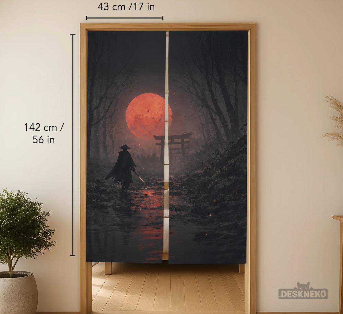 Samurai Red Moon Noren Door Curtain - Deskneko