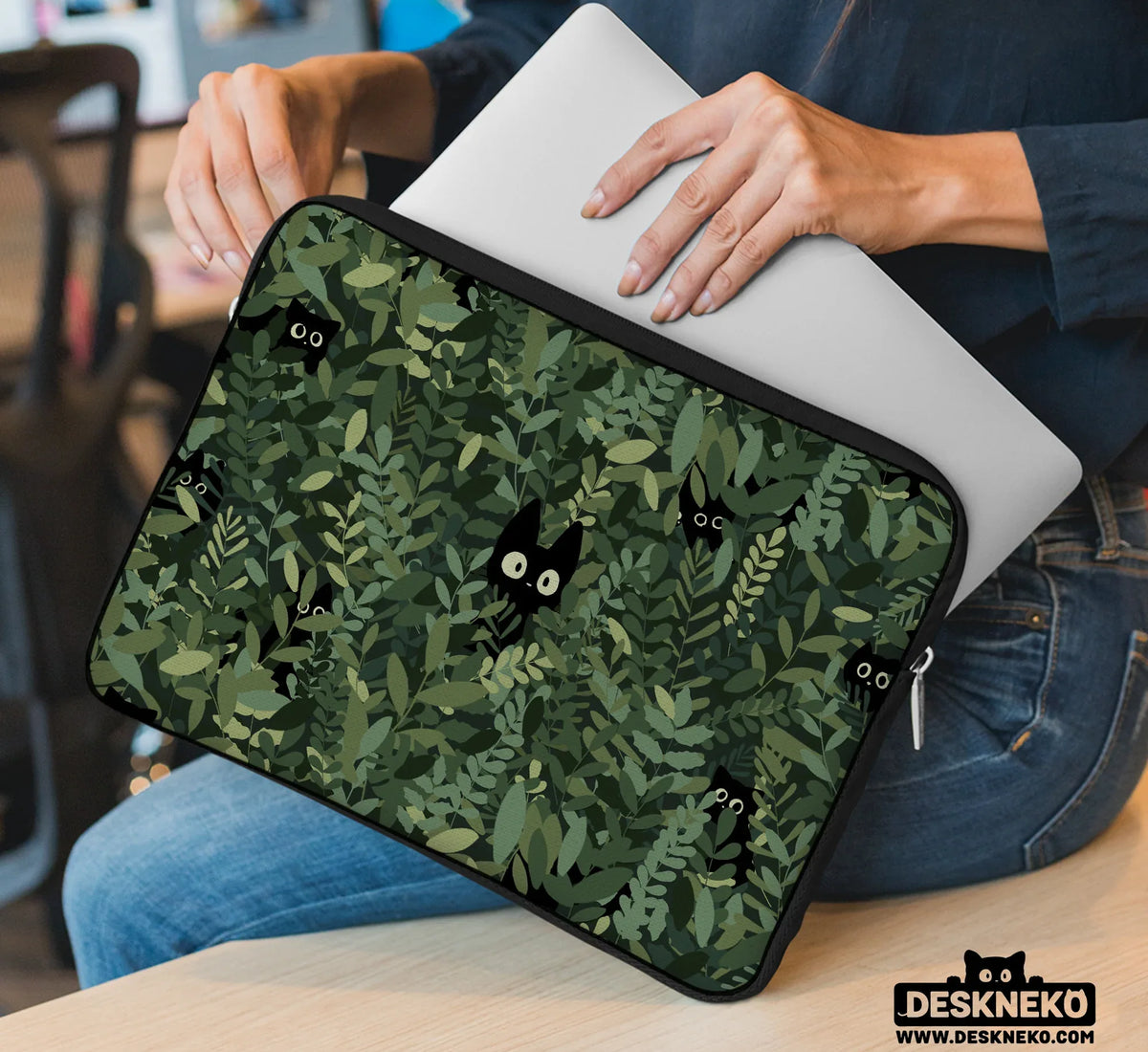 Botanical Cat Laptop Sleeve & Bag, Forest Green Aesthetic Case - Deskneko