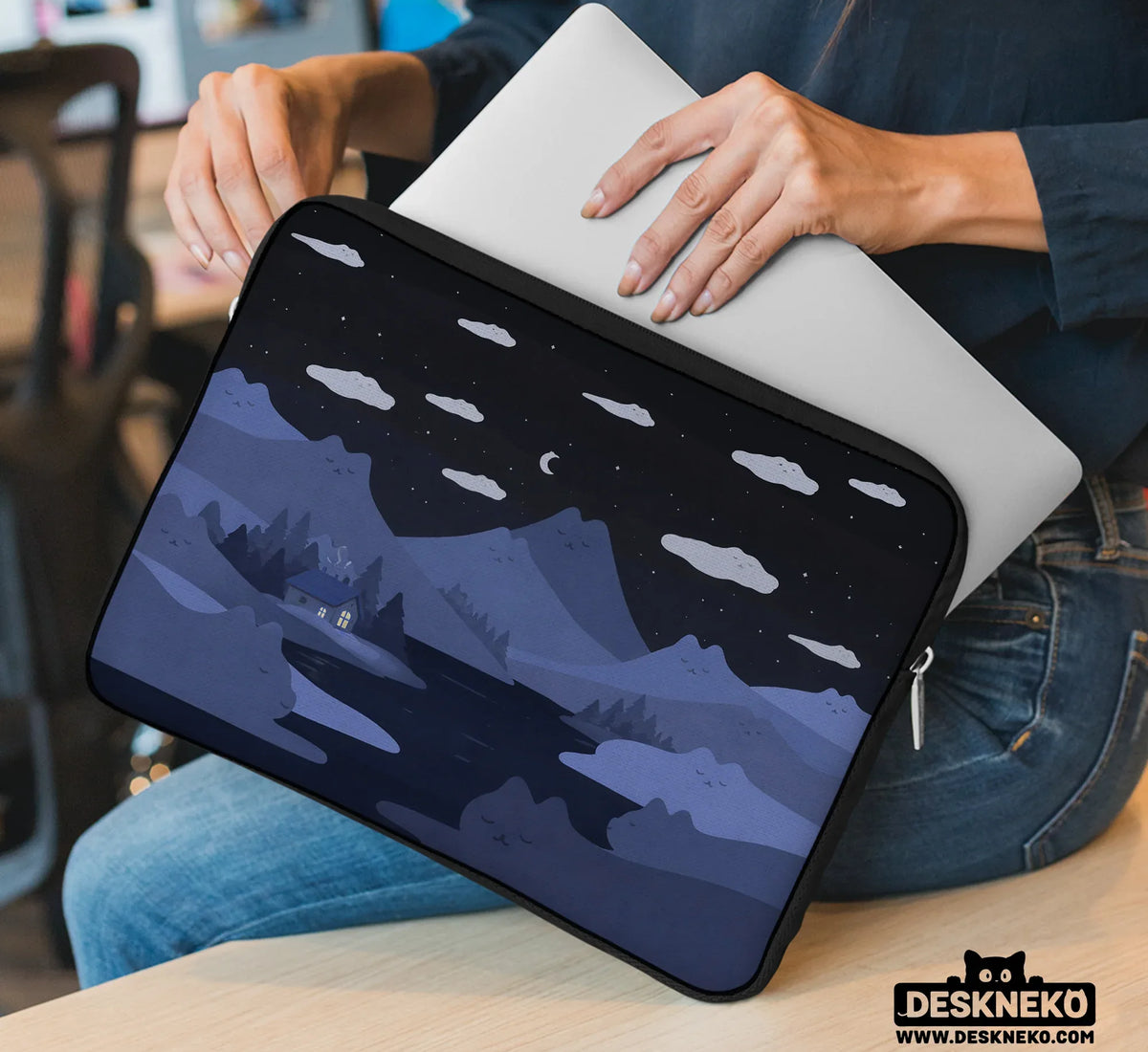 Whimisical Blue Cat Mountains Laptop Sleeve & Bag - Deskneko