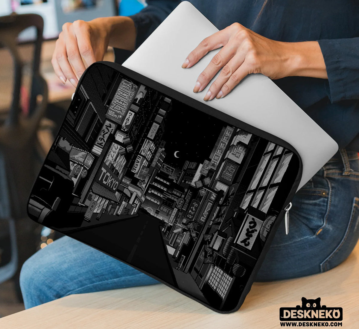 Tokyo Night Pixel Laptop Sleeve & Bag – Monochrome Cyberpunk Case - Deskneko
