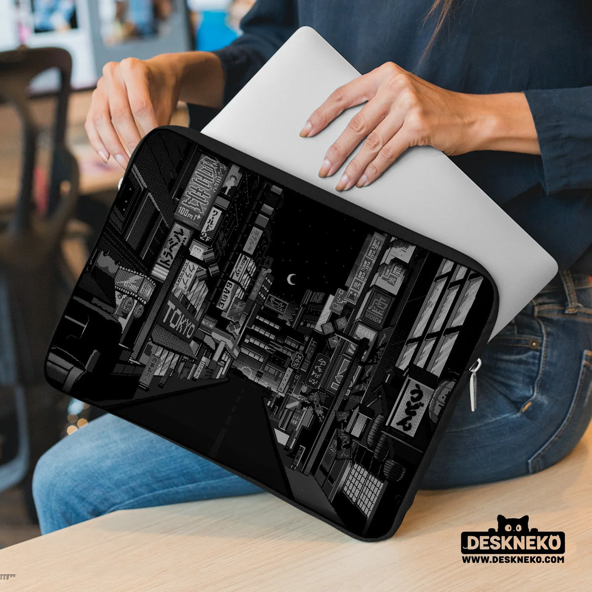 Tokyo Night Pixel Laptop Sleeve & Bag – Monochrome Cyberpunk Case - Deskneko
