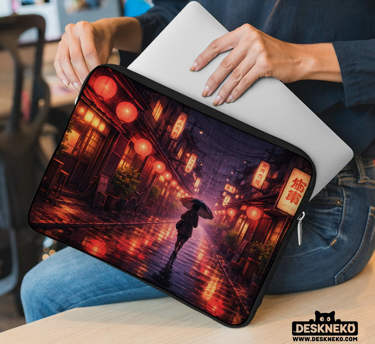 Lofi Anime Laptop Sleeve & Bag Japanese Rainy Street Aesthetic - Deskneko