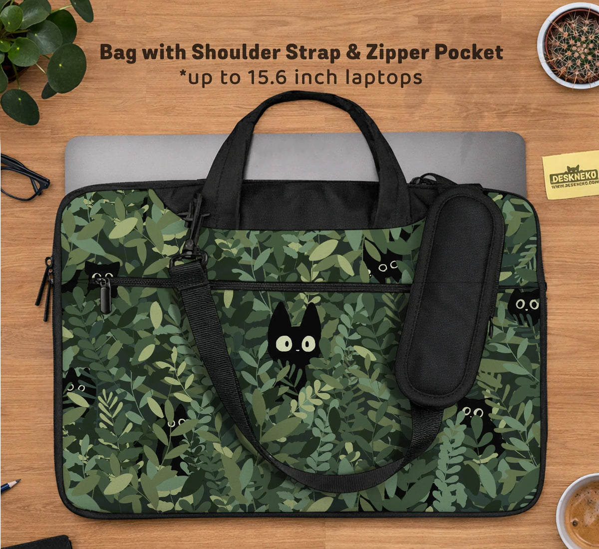 Botanical Cat Laptop Sleeve & Bag, Forest Green Aesthetic Case - Deskneko