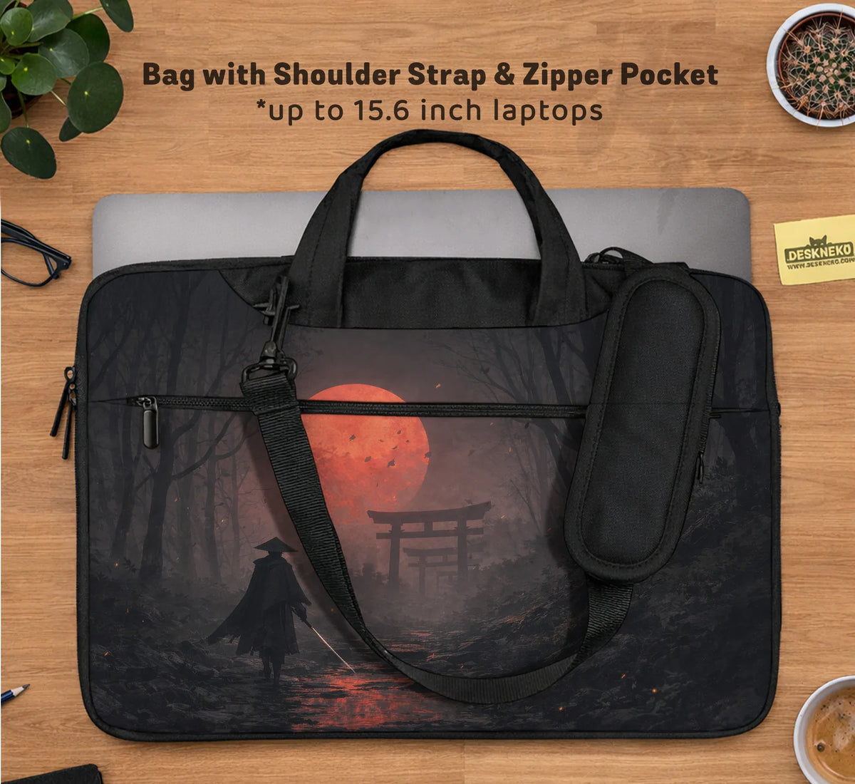 Samurai Red Moon Laptop Sleeve & Bag with Handle and Shoulder Strap - Deskneko