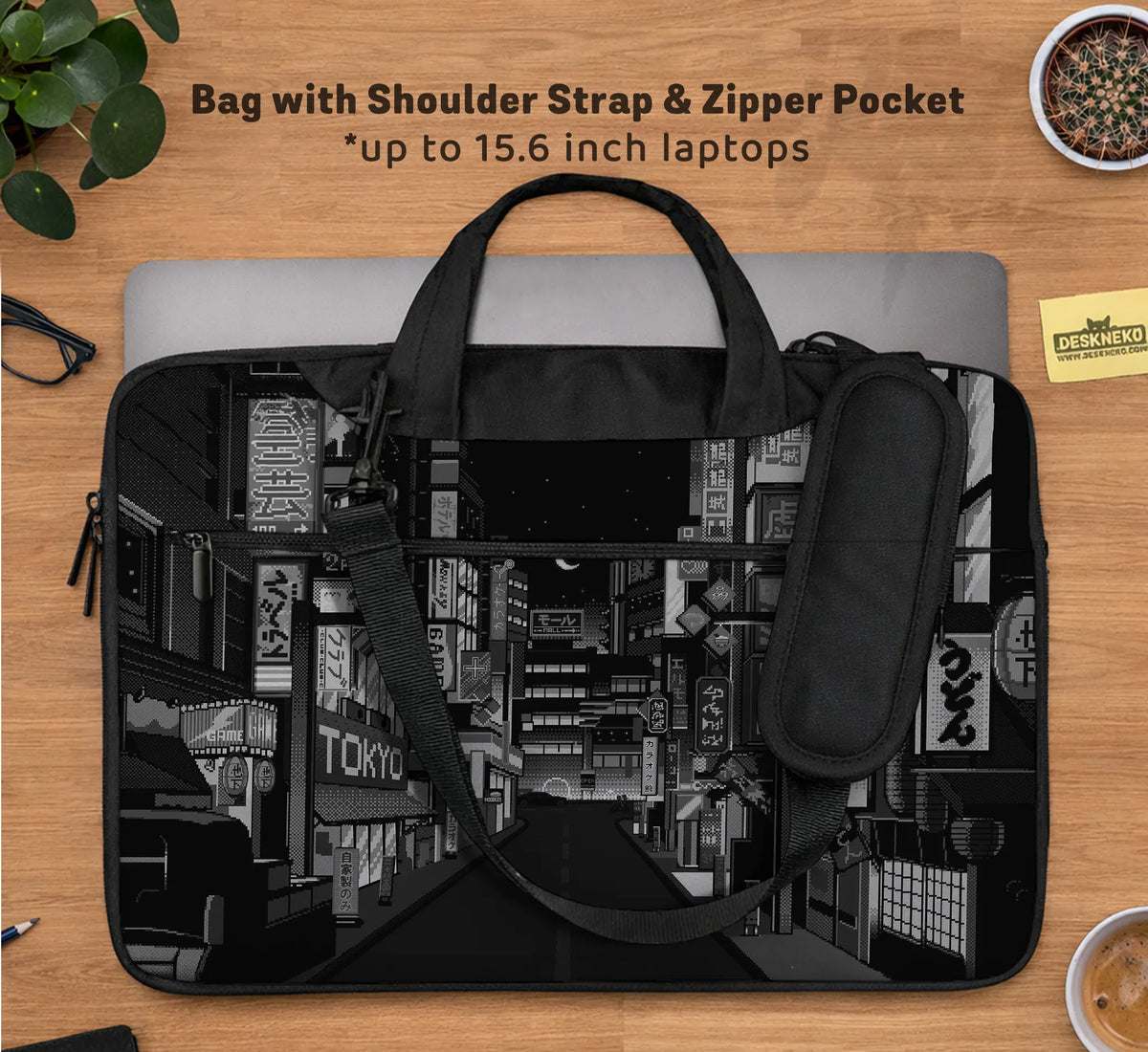 Tokyo Night Pixel Laptop Sleeve & Bag – Monochrome Cyberpunk Case - Deskneko