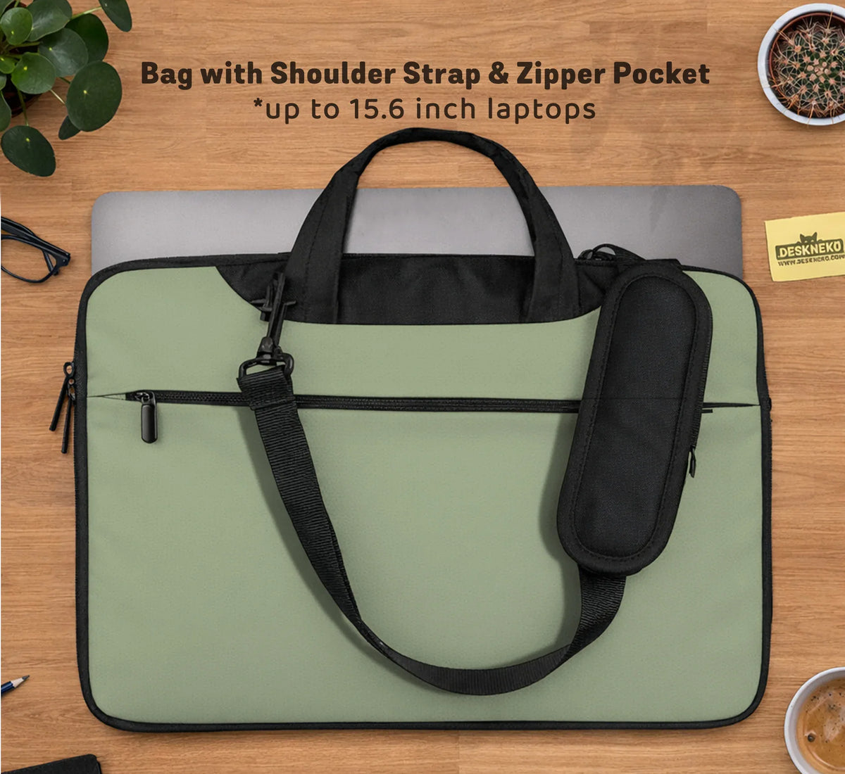 Sage Green Laptop Bag with Shoulder Strap & Handle - Deskneko