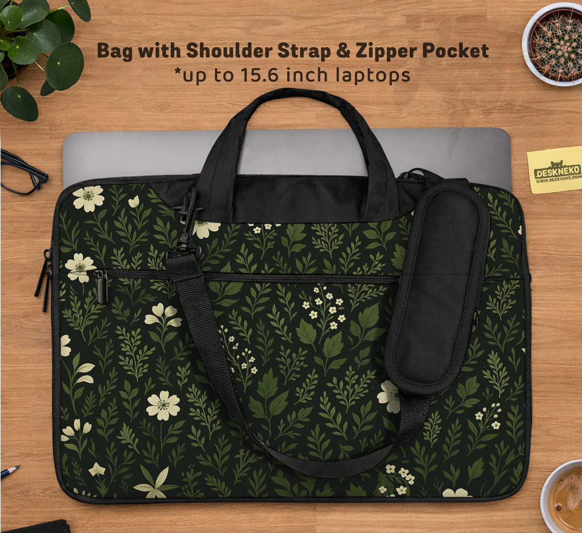 Botanical Laptop Sleeve & Bag with Dark Green Floral Pattern - Deskneko