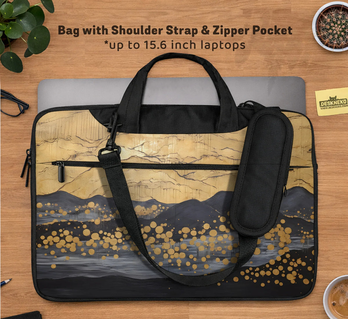 Gold Japandi Laptop Bag with Shoulder Strap - Deskneko