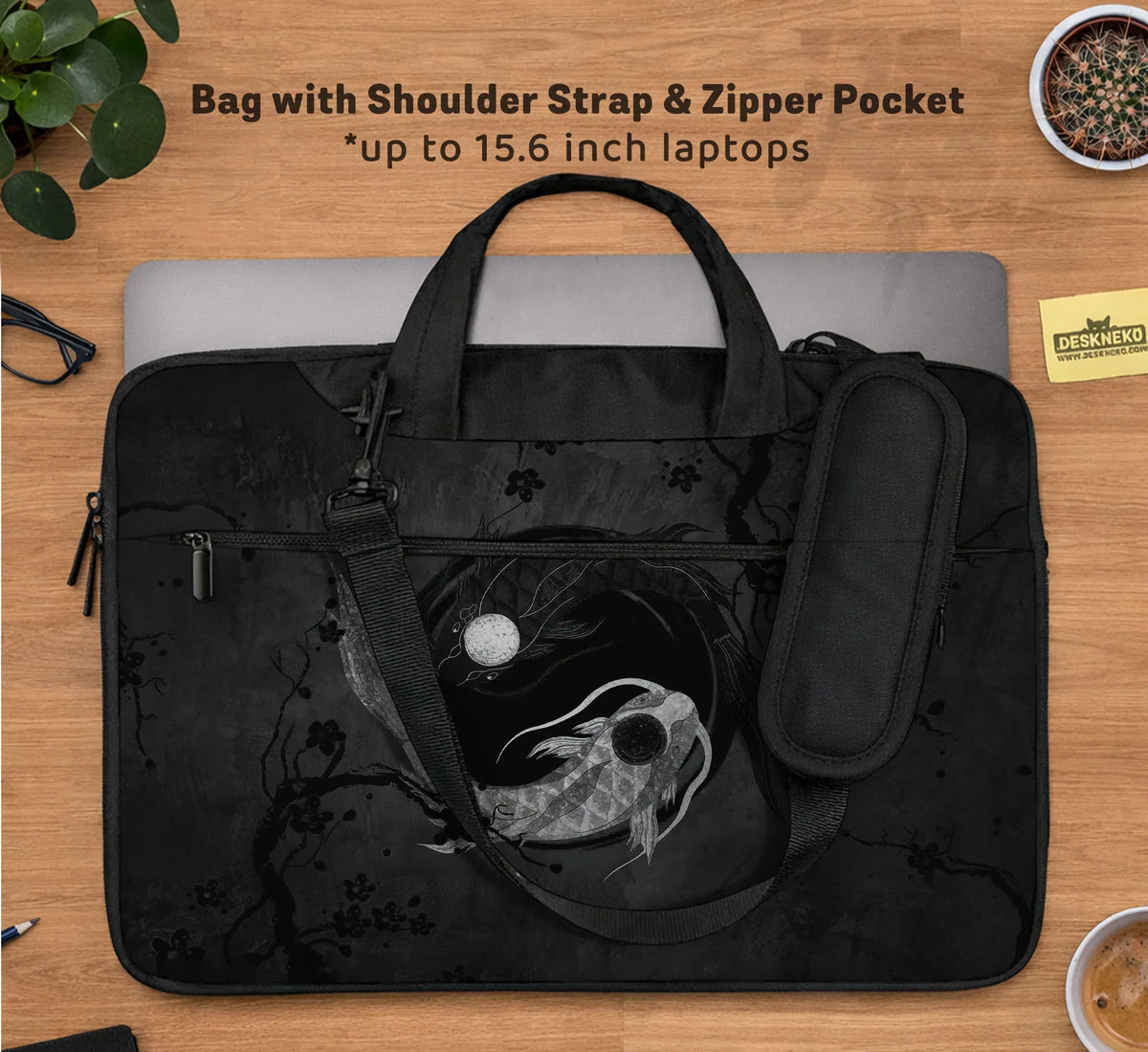 Dark Koi Yin Yang Laptop Sleeve & Bag, Japanese Ink Case - Deskneko