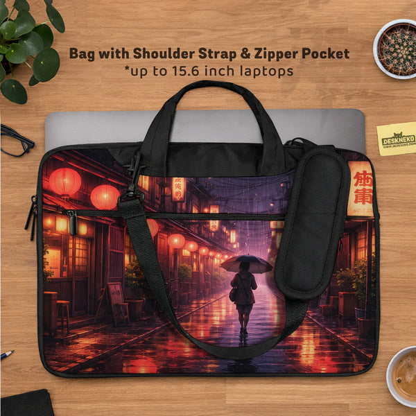 Lofi Anime Laptop Sleeve & Bag Japanese Rainy Street Aesthetic - Deskneko