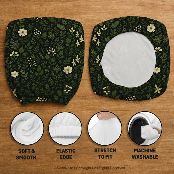Botanical Office Chair Cover with Dark Green Floral Pattern - Deskneko