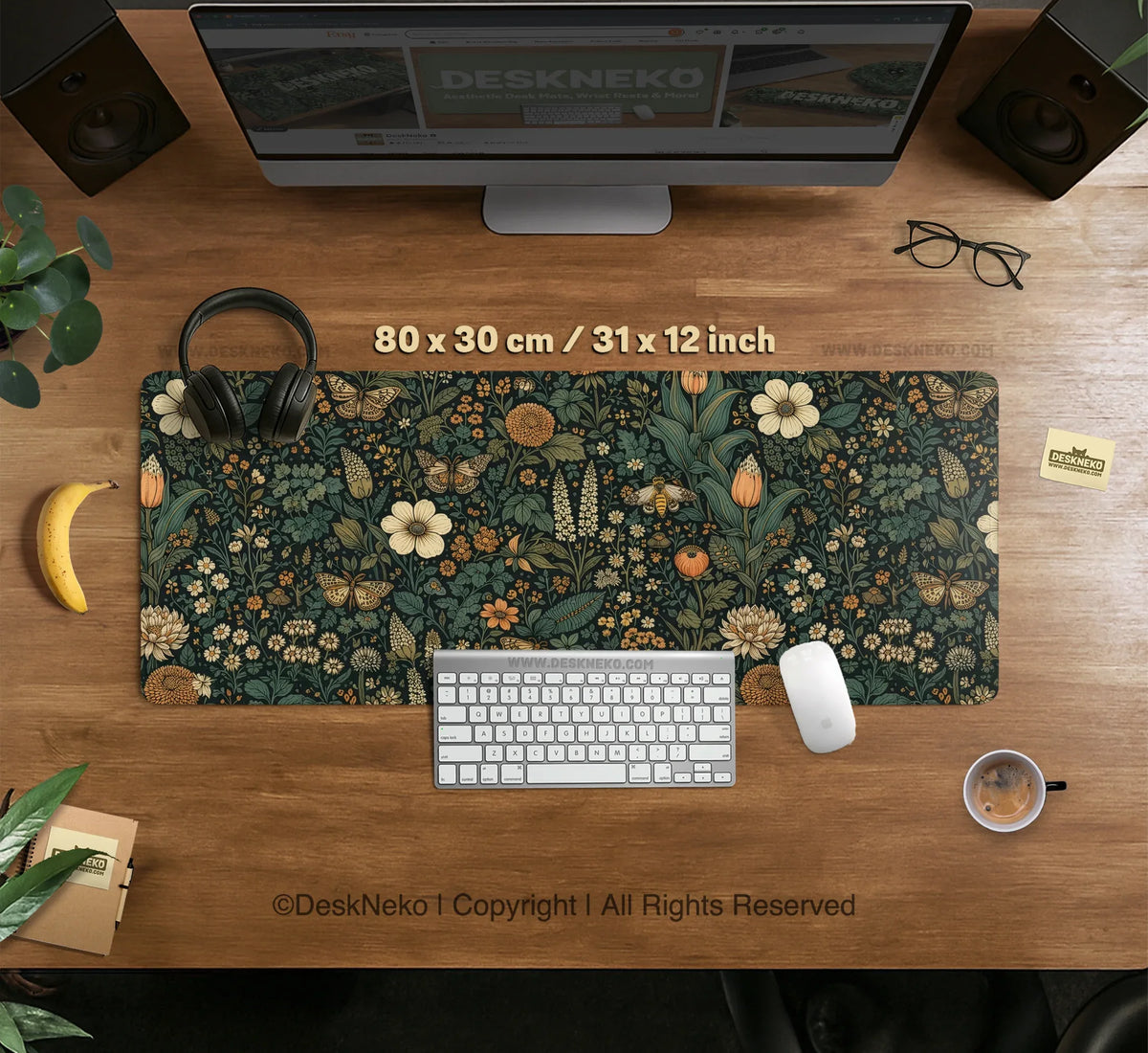 Dark Floral Cottagecore Desk Mat with Botanical Butterflies - Deskneko