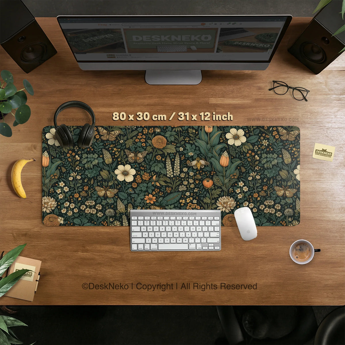 Dark Floral Cottagecore Desk Mat with Botanical Butterflies - Deskneko