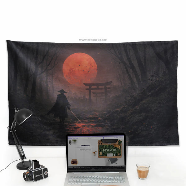 Samurai Red Moon Wall Tapestry Decor - Deskneko