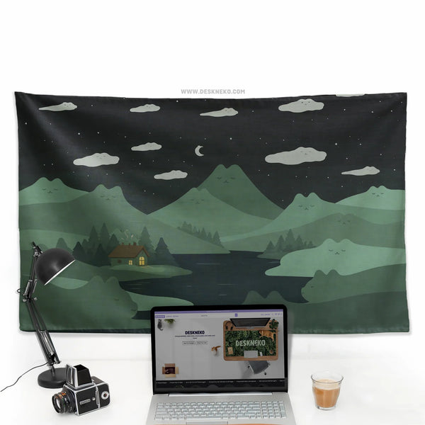 Green Cat Hills Wall Tapestry Cozy Night Landscape - Deskneko