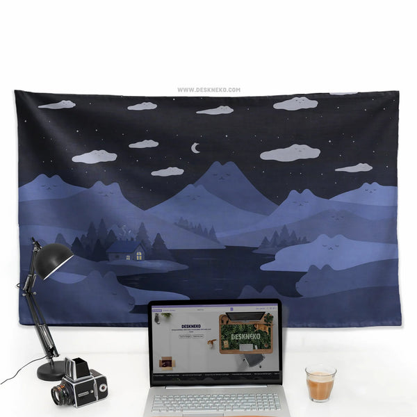Navy Cat Hills Wall Tapestry Cozy Night Landscape - Deskneko