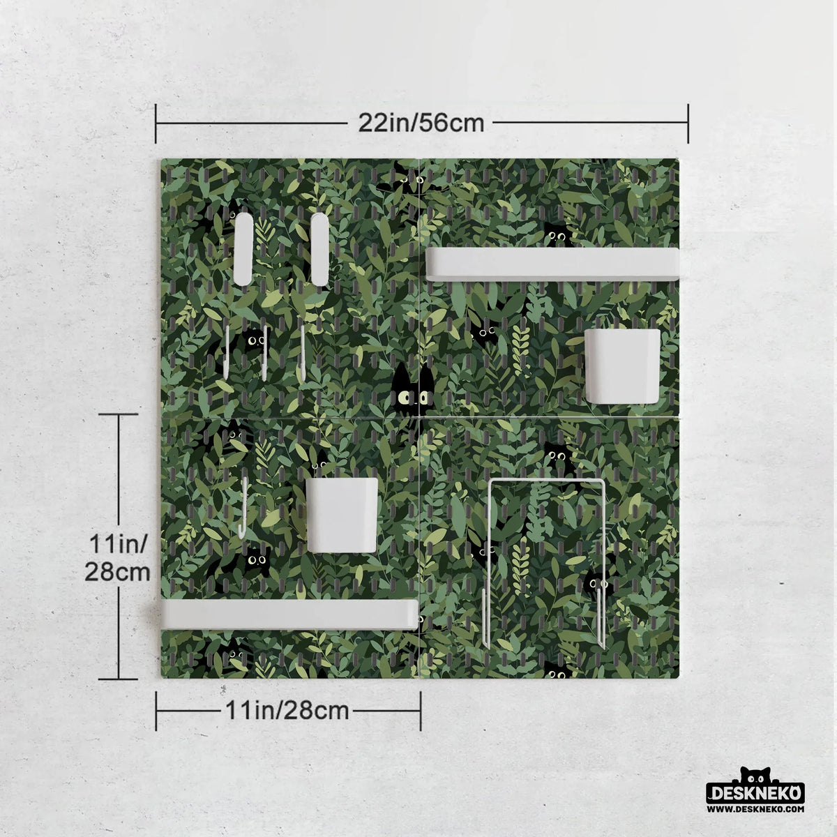 Botanical Cat Desk Pegboard Organizer, Forest Green Workspace Storage - Deskneko