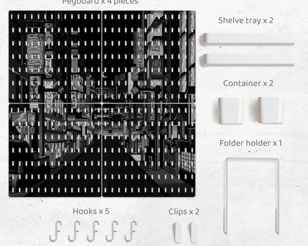 Tokyo Night Pixel Pegboard Organizer, Cyberpunk Wall Storage - Deskneko