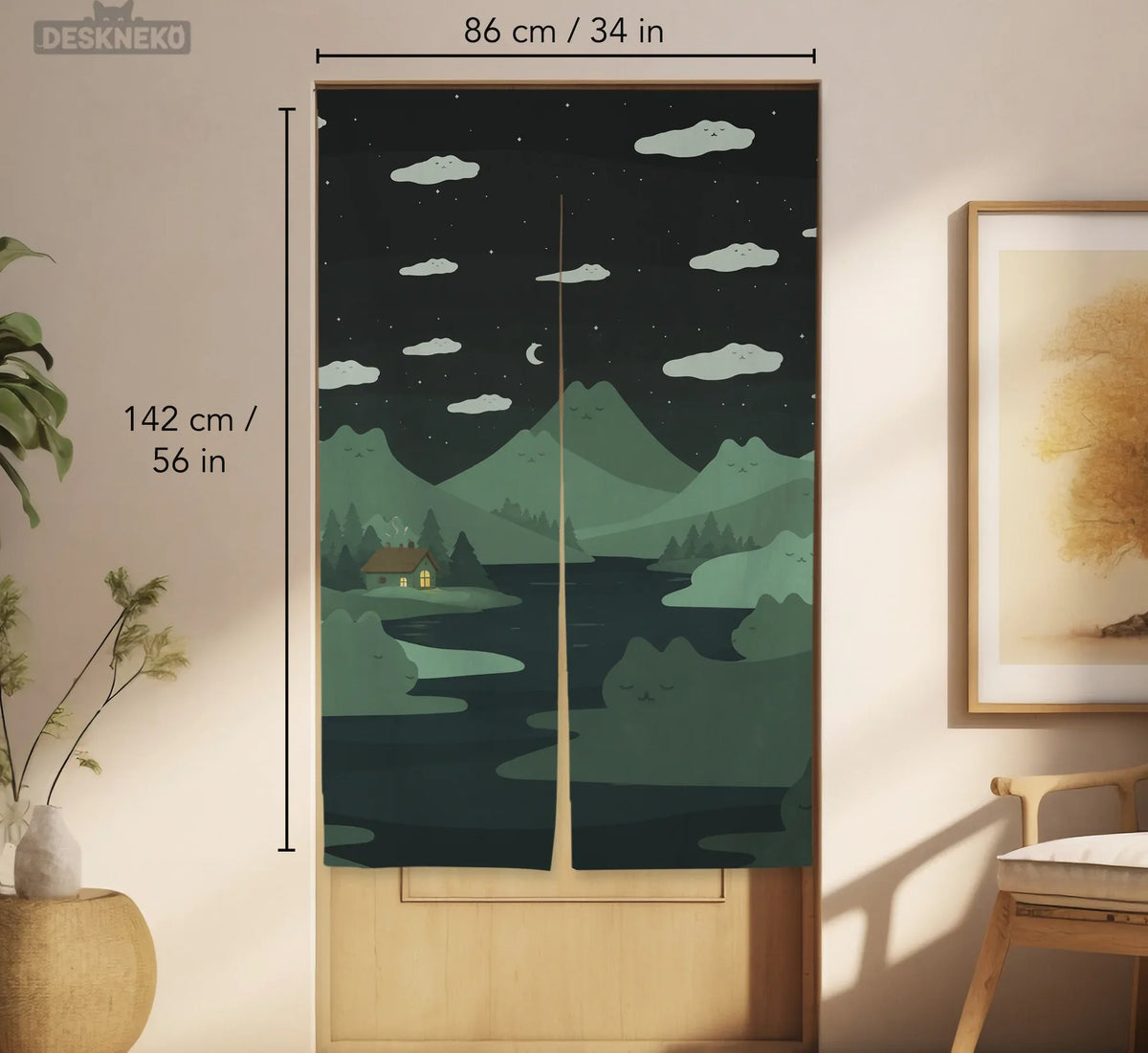 Forest Green Cat Hills Noren Door Curtain - Deskneko