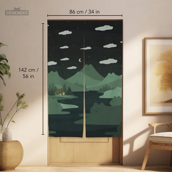 Forest Green Cat Hills Noren Door Curtain - Deskneko