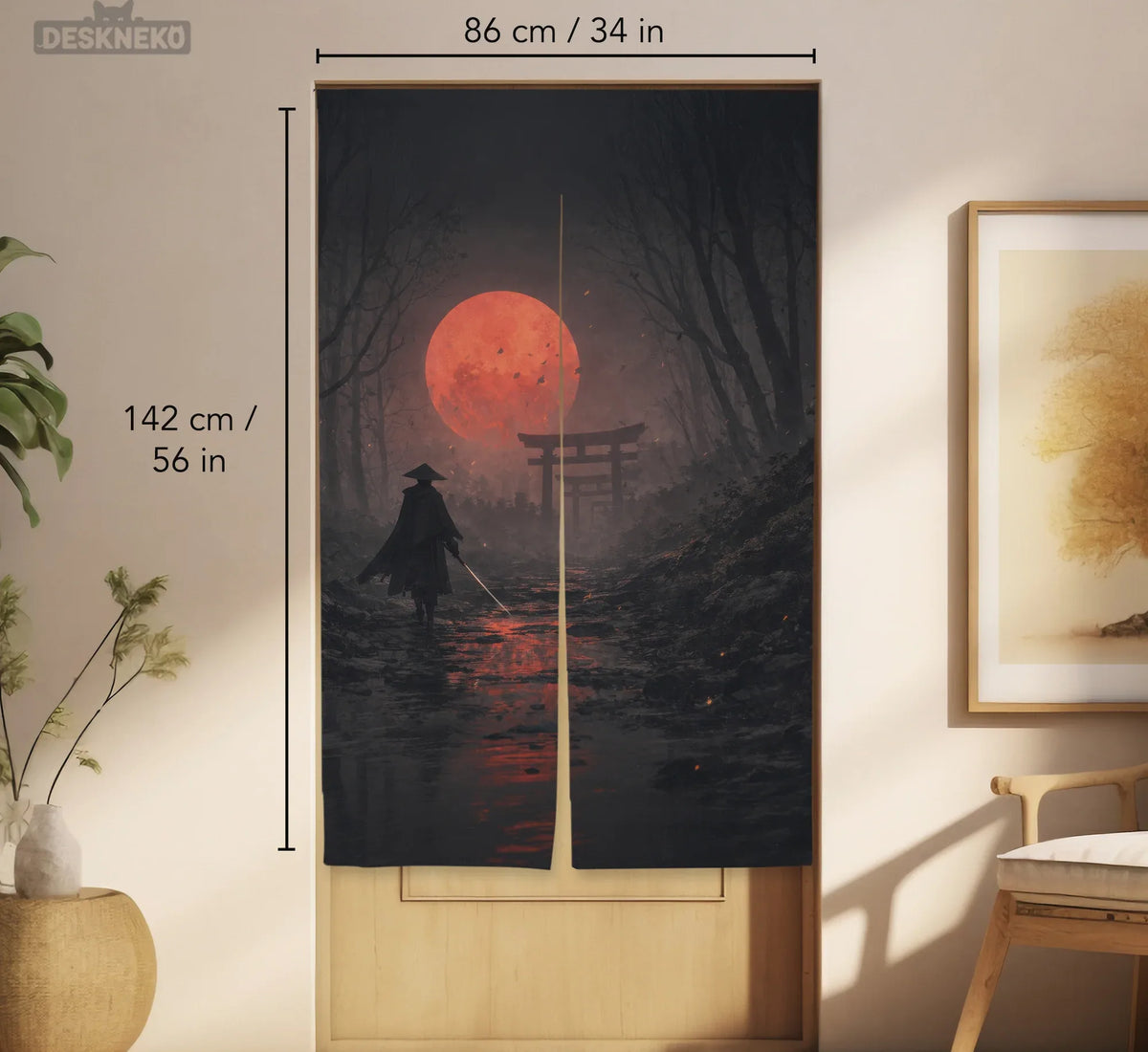 Samurai Red Moon Noren Door Curtain - Deskneko