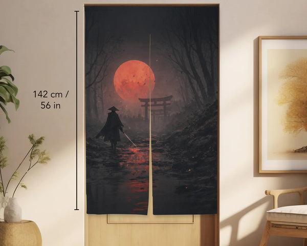 Samurai Red Moon Noren Door Curtain - Deskneko
