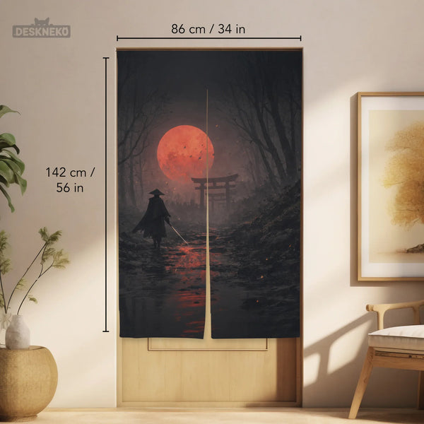 Samurai Red Moon Noren Door Curtain - Deskneko