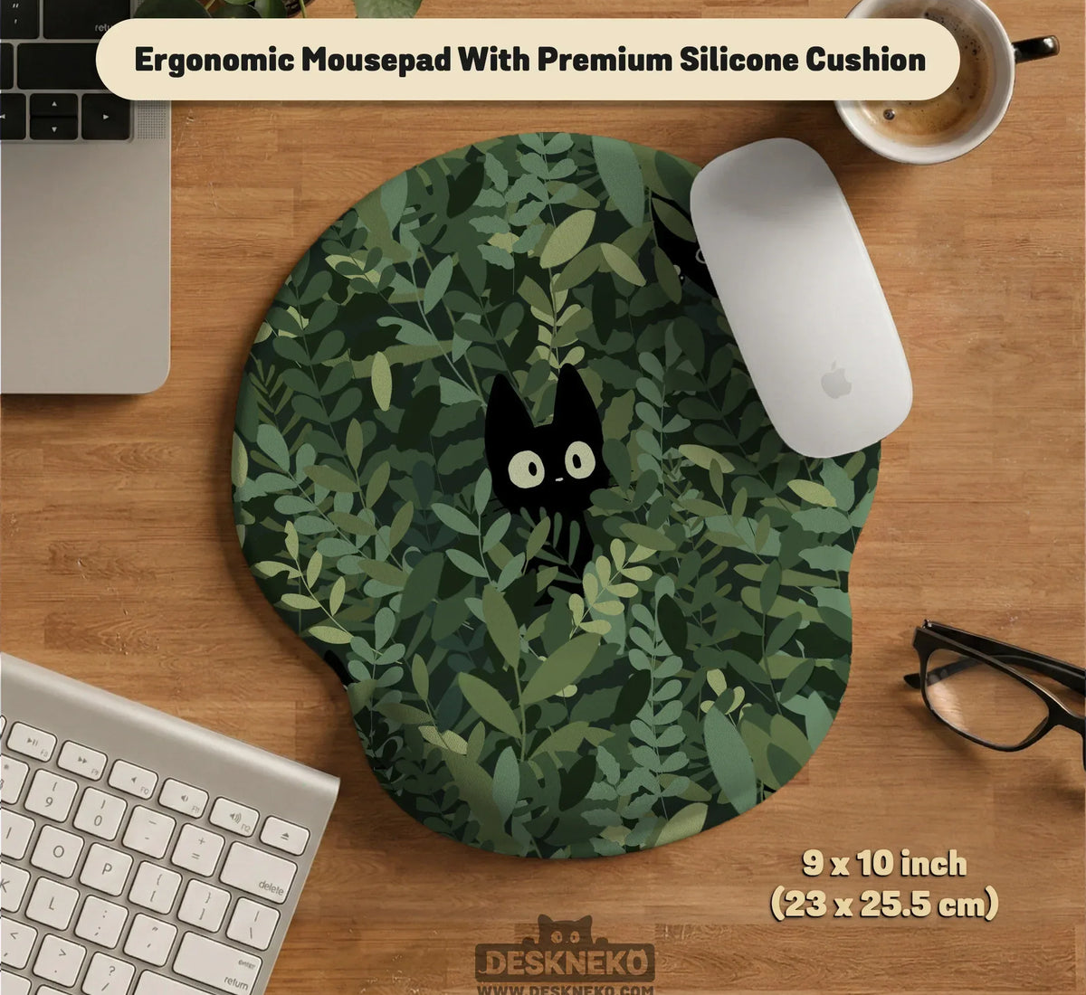 Botanical Cat Ergonomic Mousepad with Wrist Rest for Desk Comfort - Deskneko