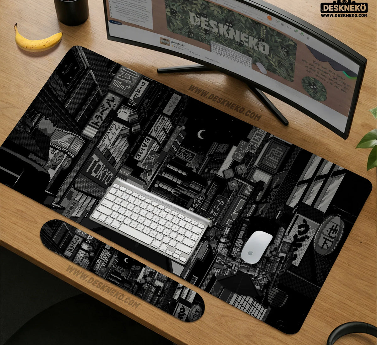 Black White Tokyo Night Desk Mat, Cyberpunk Japanese Street Mousepad - Deskneko
