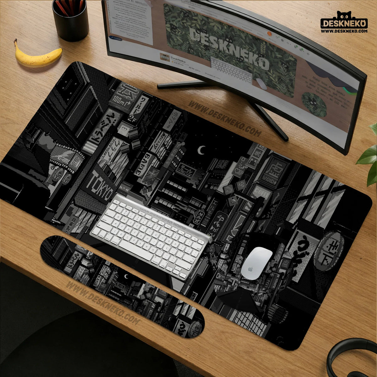 Black White Tokyo Night Desk Mat, Cyberpunk Japanese Street Mousepad - Deskneko