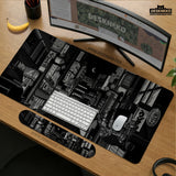 Black White Tokyo Night Desk Mat, Cyberpunk Japanese Street Mousepad - Deskneko