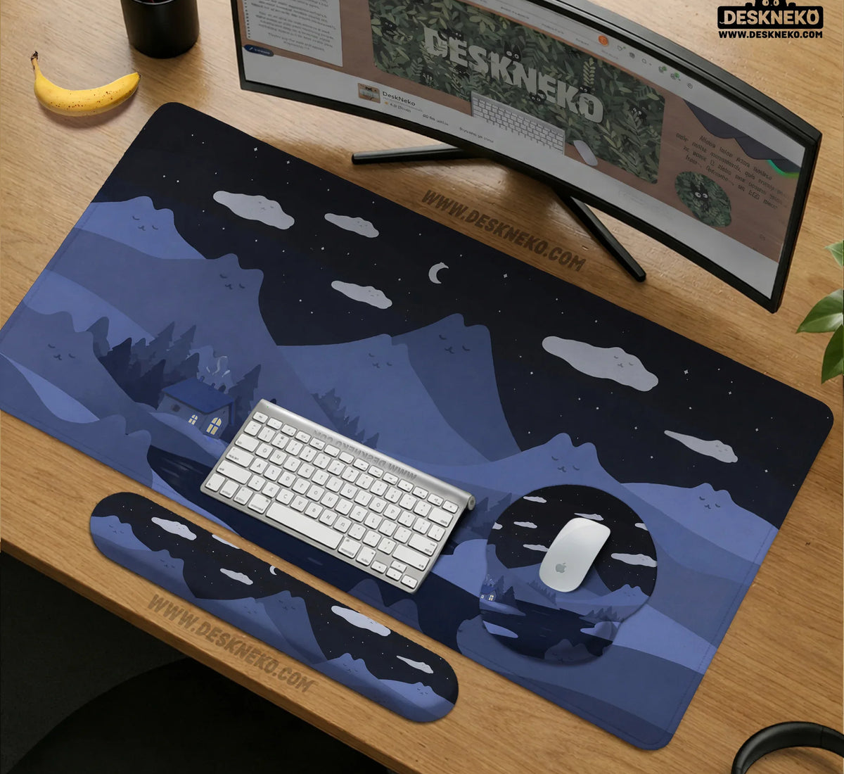 Navy Blue Cat Hills Desk Mat XXL Extended Mousepad - Deskneko
