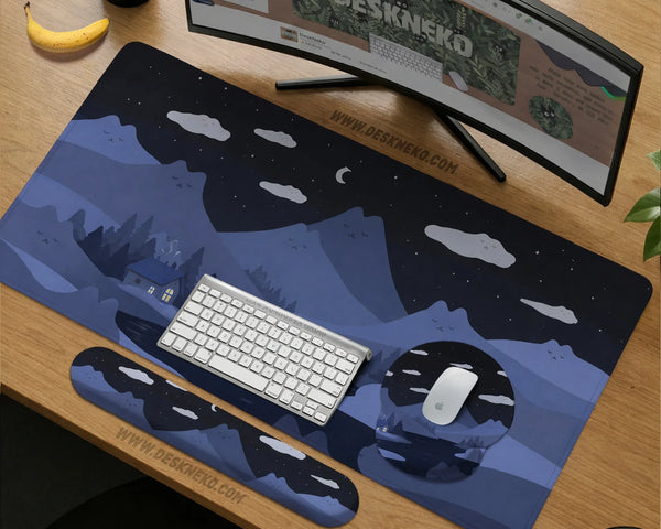 Navy Blue Cat Hills Desk Mat XXL Extended Mousepad - Deskneko