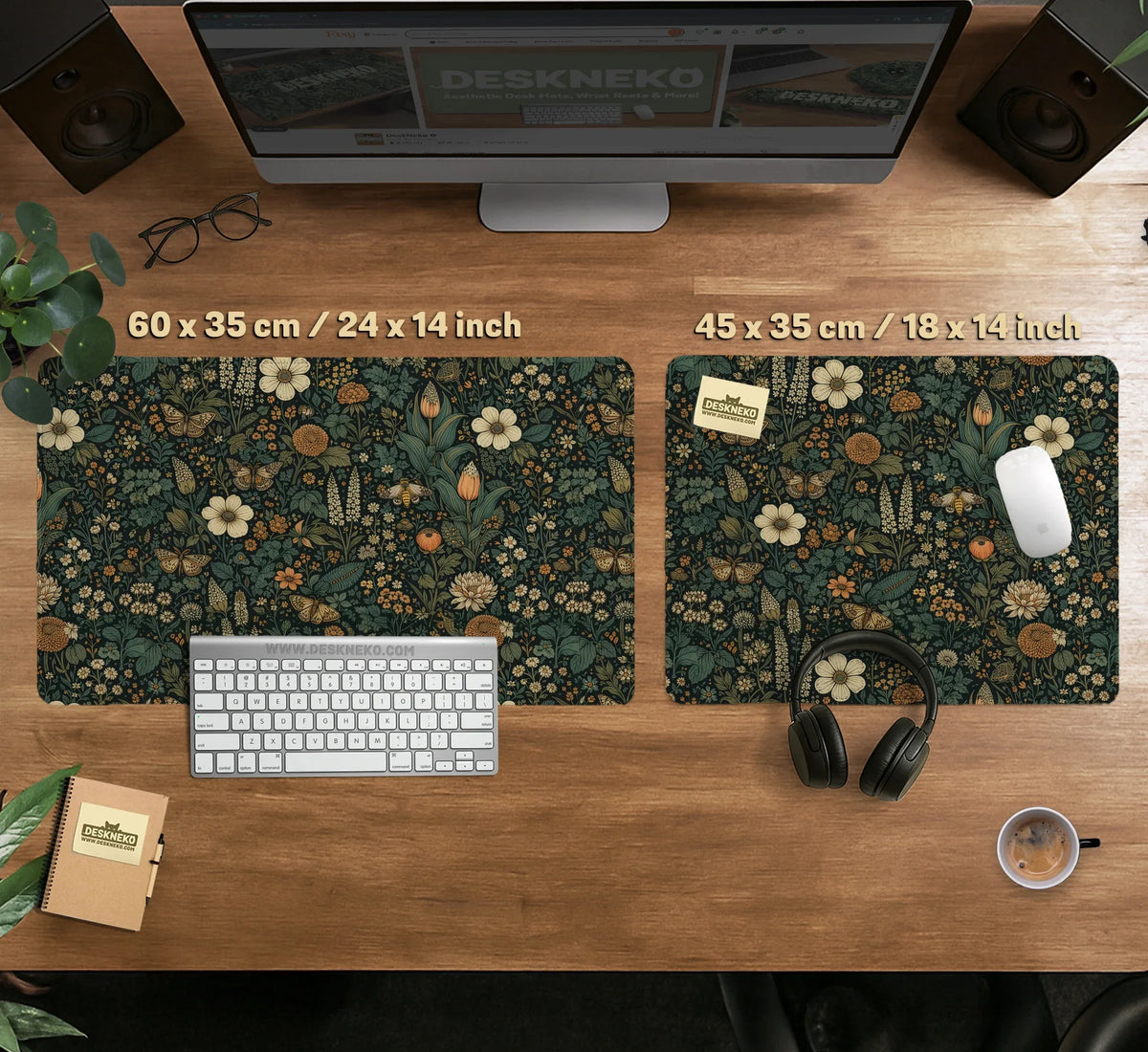 Dark Floral Cottagecore Desk Mat with Botanical Butterflies - Deskneko