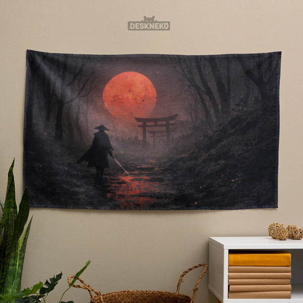 Samurai Red Moon Wall Tapestry Decor - Deskneko