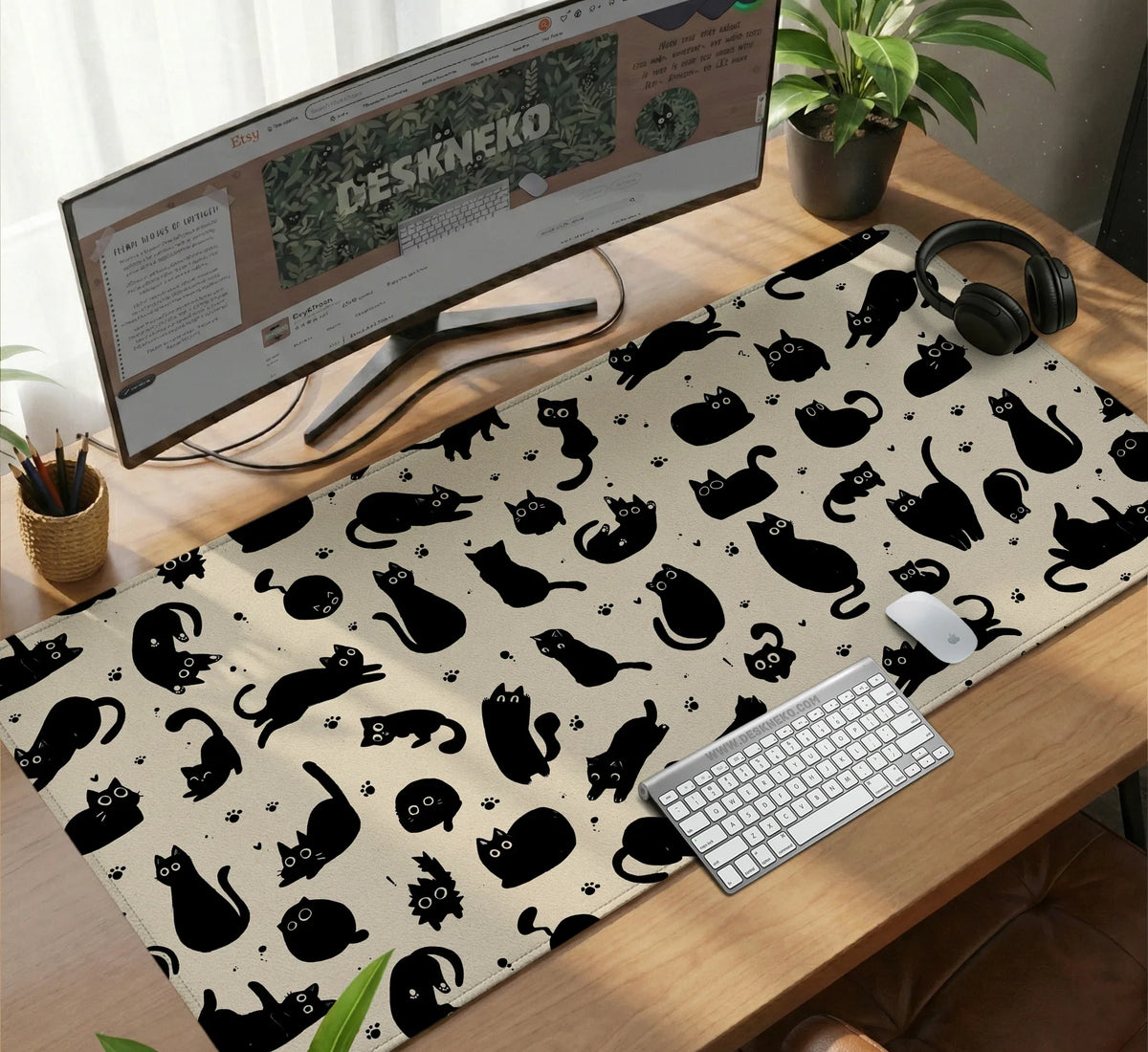 Black Cat Desk Mat, Cute XL Mousepad for Cozy Office and Gaming Setup - Deskneko