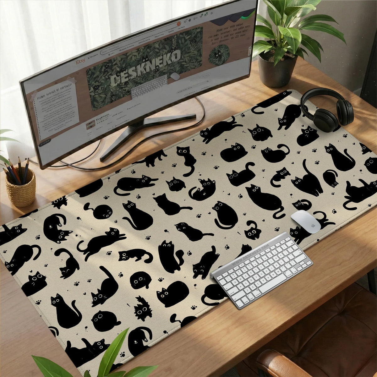 Black Cat Desk Mat, Cute XL Mousepad for Cozy Office and Gaming Setup - Deskneko