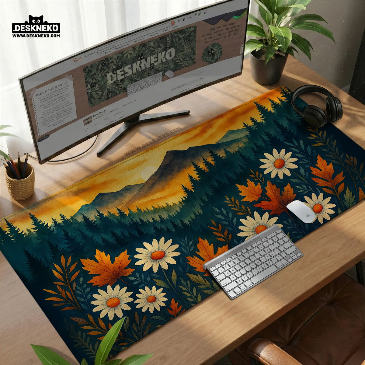 Sunset Forest Mountain Desk Mat - Deskneko