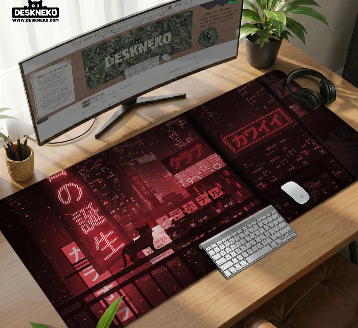 Red Cyberpunk Tokyo Cat Desk Mat - Deskneko