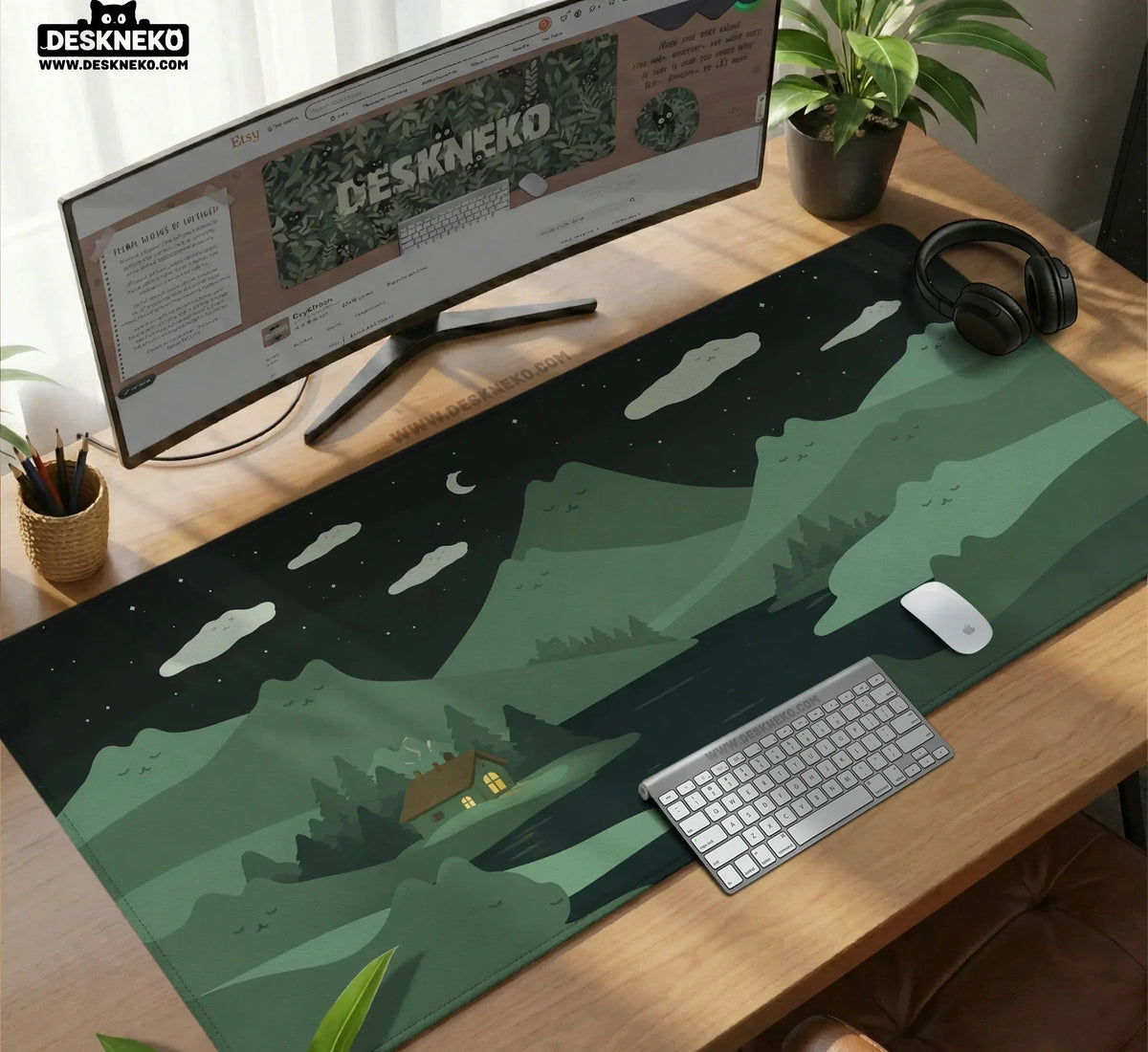 Night Forest Cats Landscape Desk Mat Mousepad XXL - Deskneko