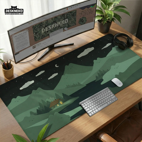 Night Forest Cats Landscape Desk Mat Mousepad XXL - Deskneko