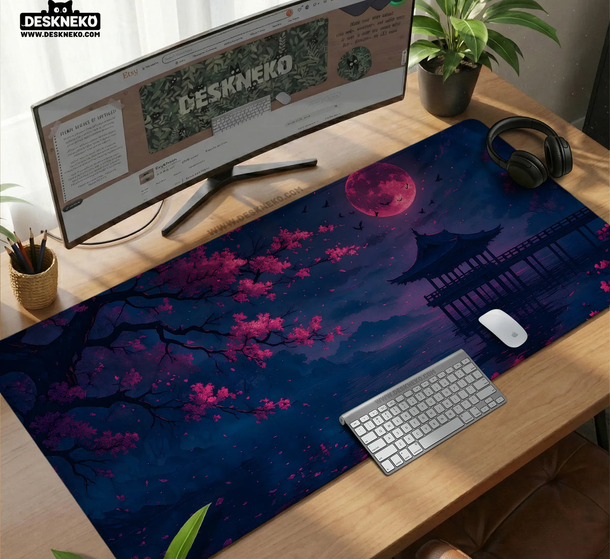 Dark Sakura Cherry Blossom Desk Mat - Deskneko